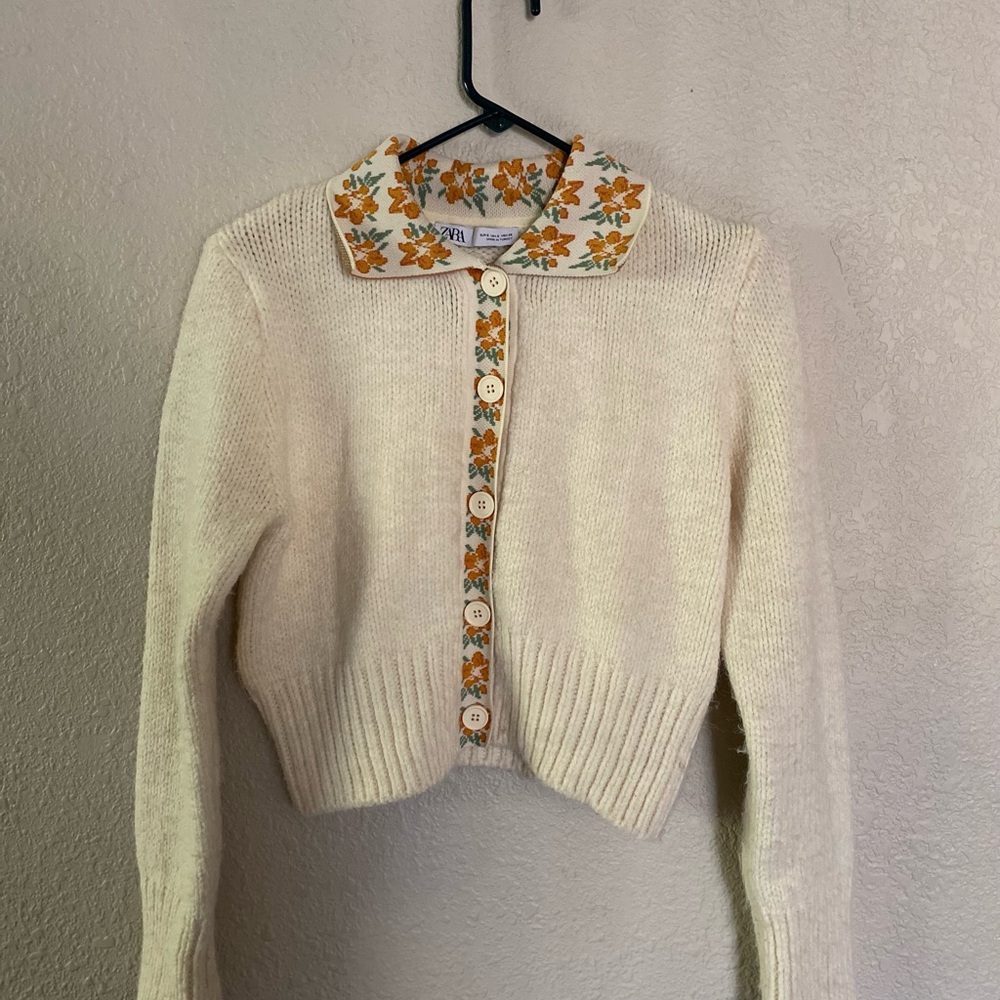Zara Cream Cardigan with Floral Collar